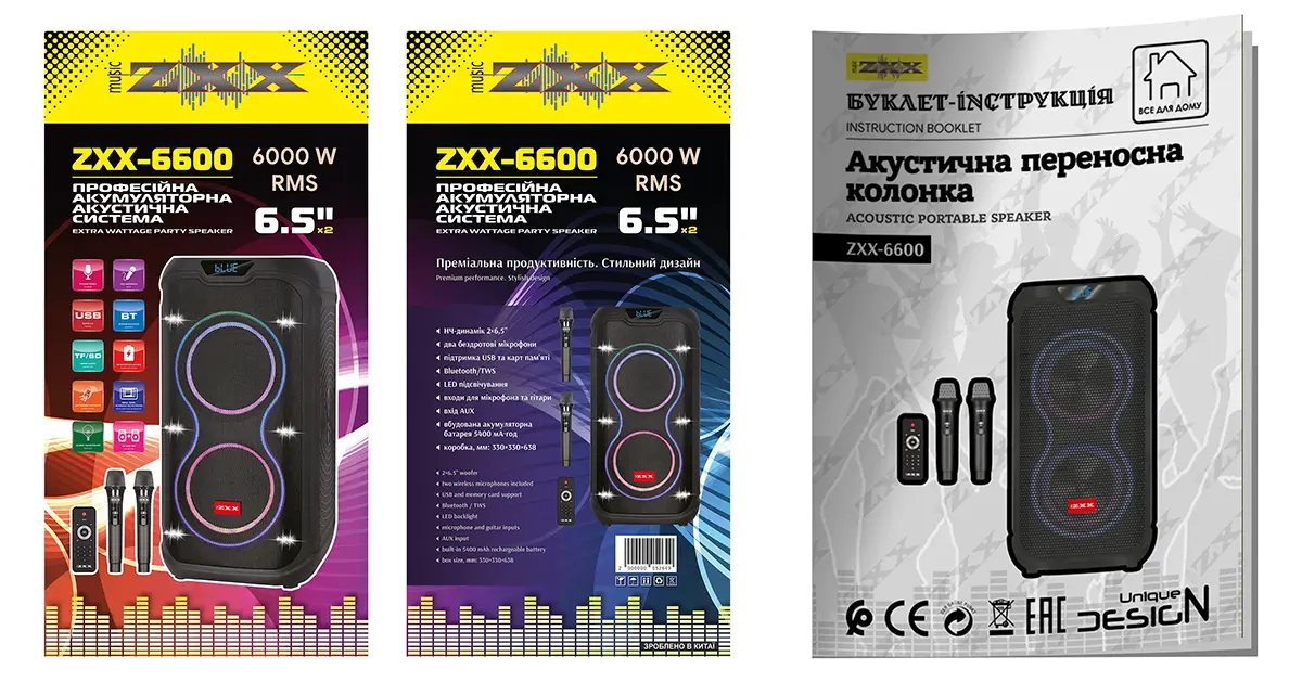Акустична переносна колонка ZXX-6600 80Вт 2×6,5" USB/TWS/TF/REC/LED/EQ/BT/2MIC (інструкція)