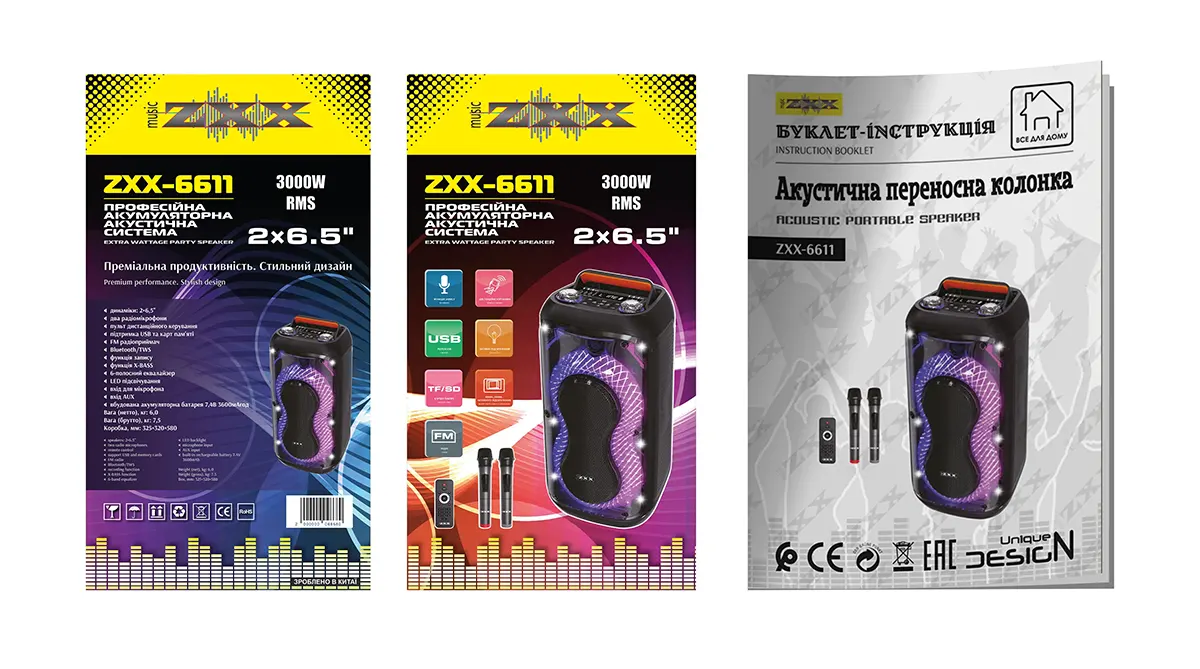 Акустична переносна колонка ZXX-6611 60Вт 2x6,5" TWS/FM/USB/TF/BT/LED/REC/ДК/2MIC (інструкція)