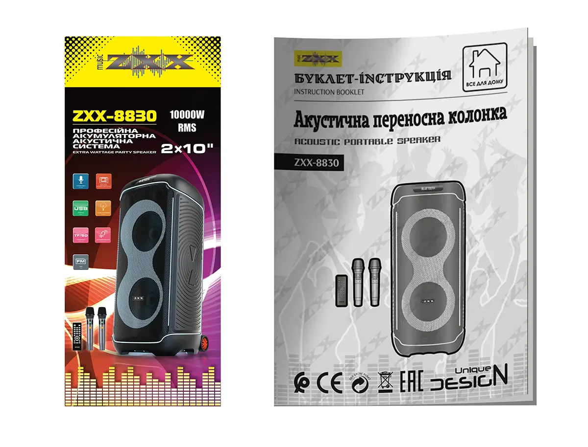 Акустична переносна колонка ZXX-8830 80Вт 2x10“ TWS/FM/USB/TF/BT/LED/REC/ДК/2MIC (інструкція)