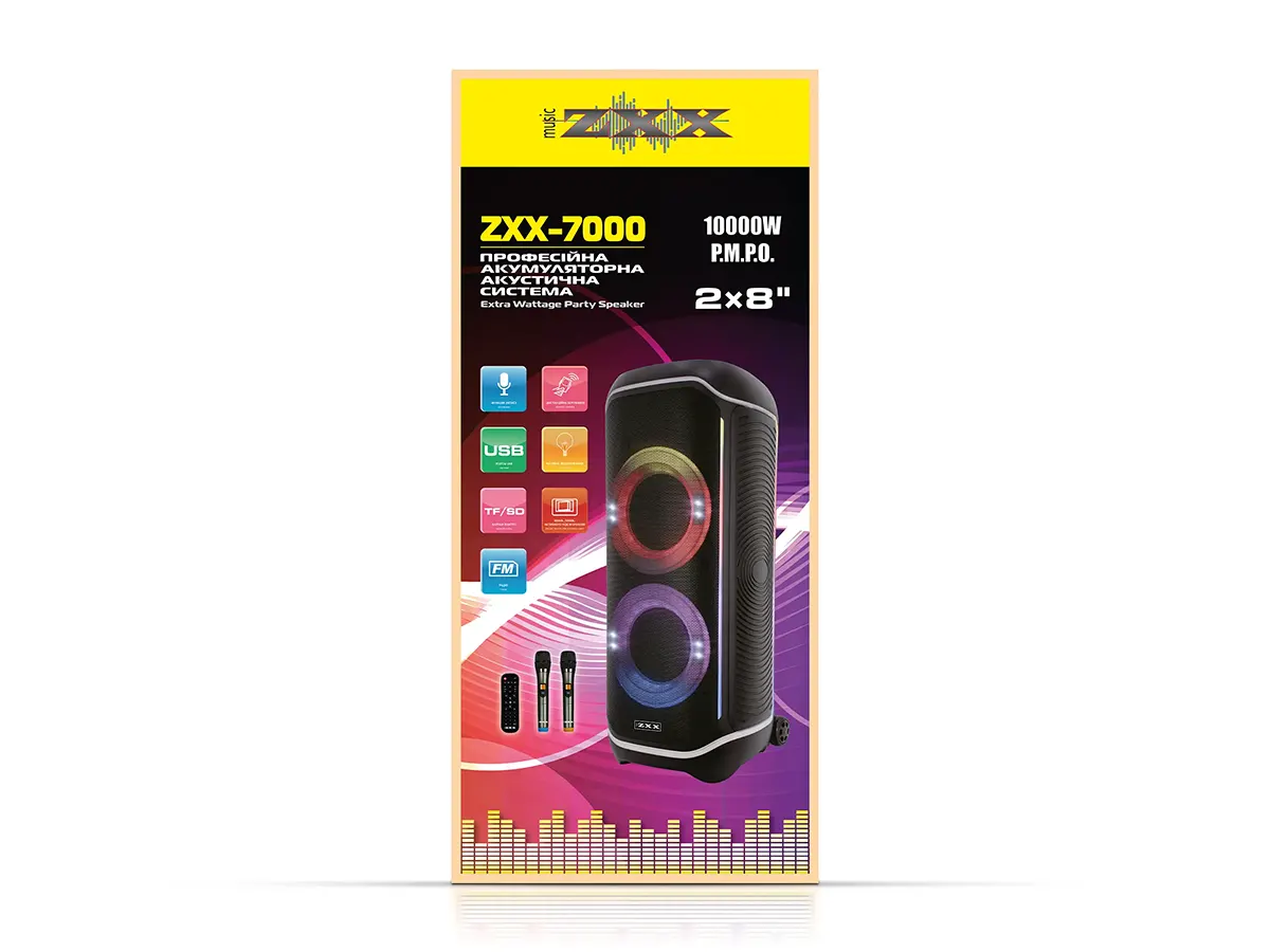 Акустична переносна колонка ZXX-7000 120Вт 2x8″ TWS/FM/USB/TF/BT/REC/LED/2MIC/ДК