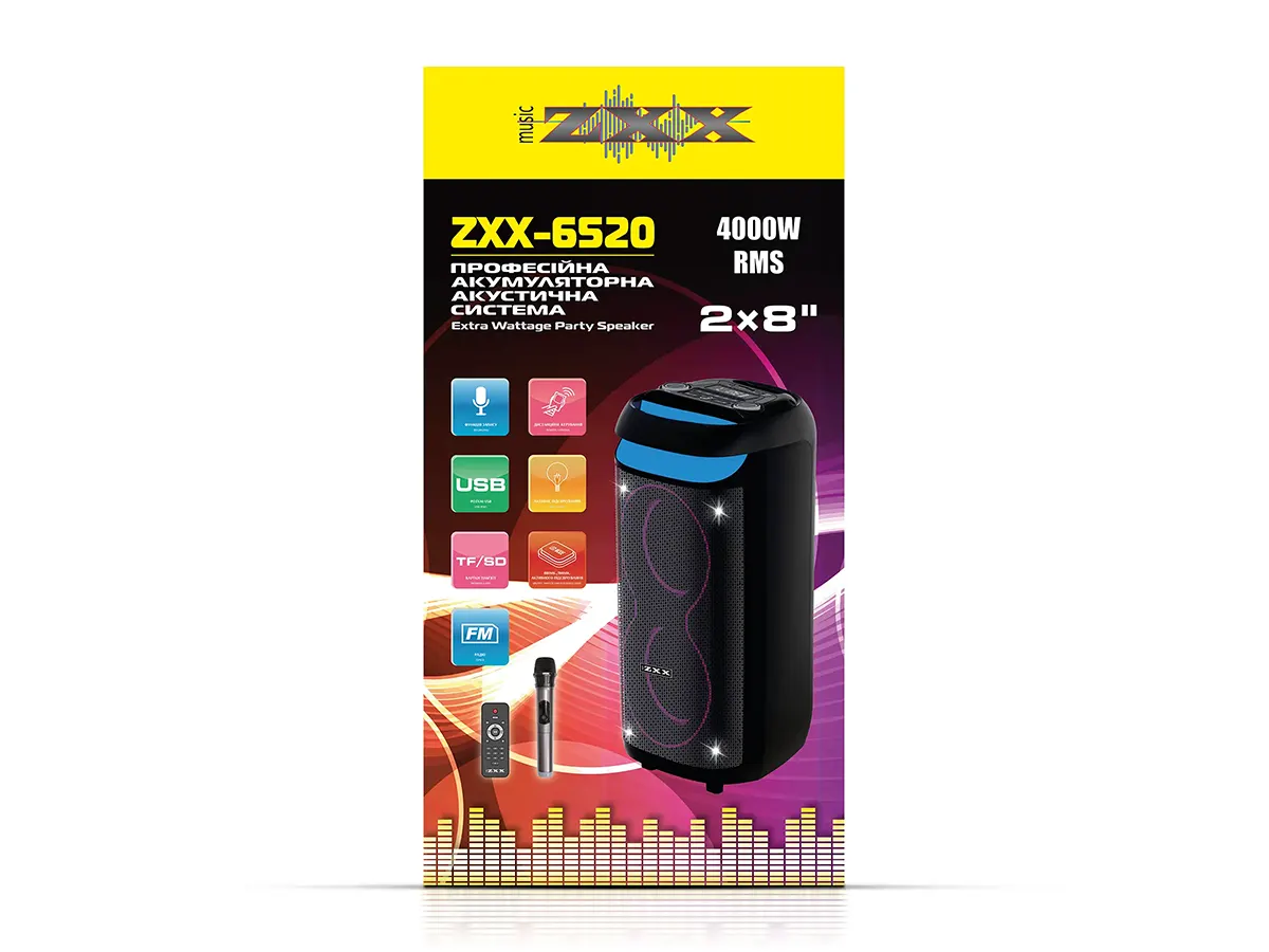 Акустична переносна колонка ZXX-6520 80Вт 2x8″ TWS/FM/USB/TF/BT/REC/LED/2MIC/ДК
