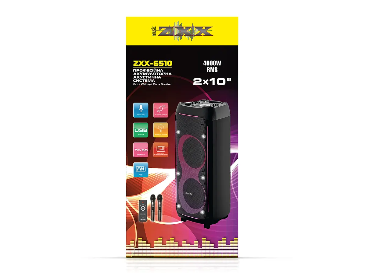 Акустична переносна колонка ZXX-6510 100Вт 2x10″ TWS/FM/USB/TF/BT/REC/LED/2MIC/ДК