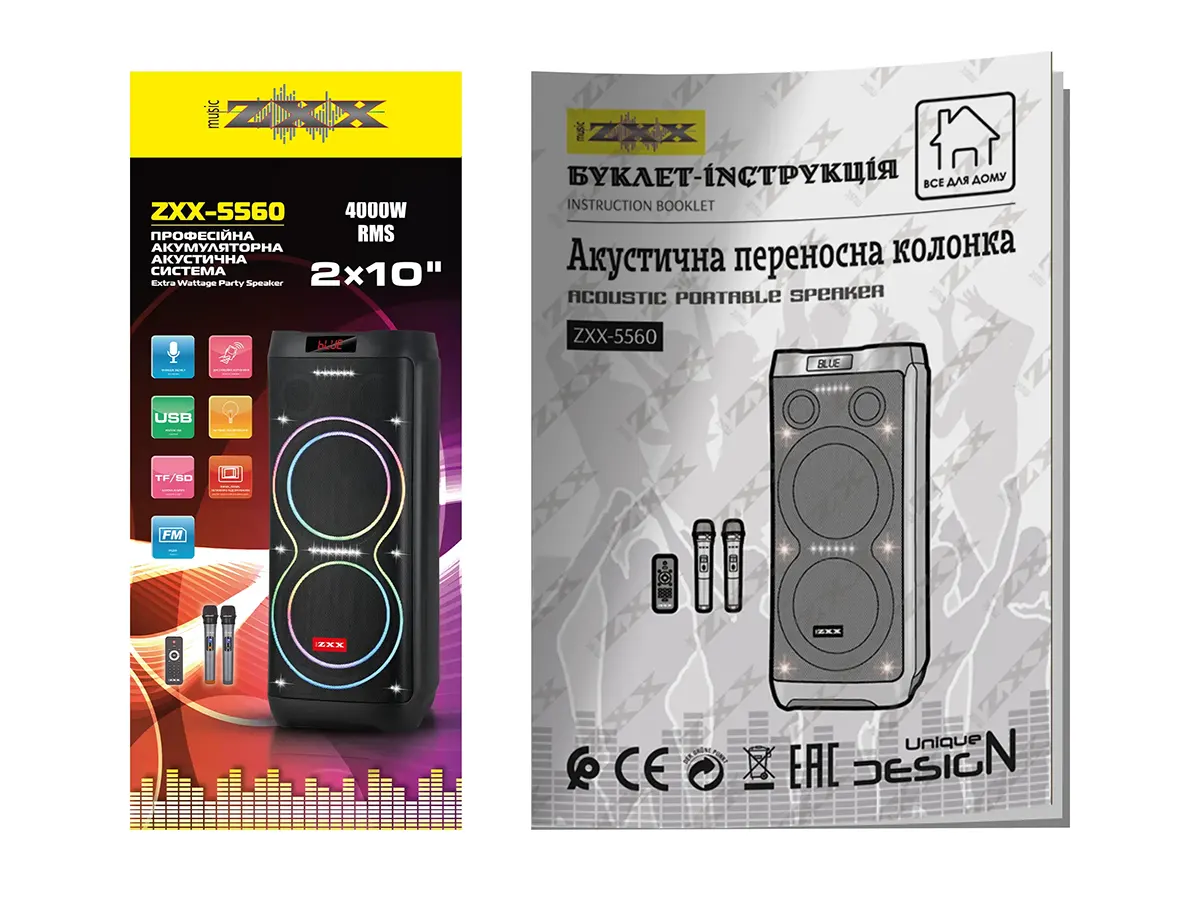 Акустична переносна колонка ZXX-5560 100Вт 2x10” TWS/FM/USB/TF/BT/REC/LED/2MIC/ДК (інструкція)