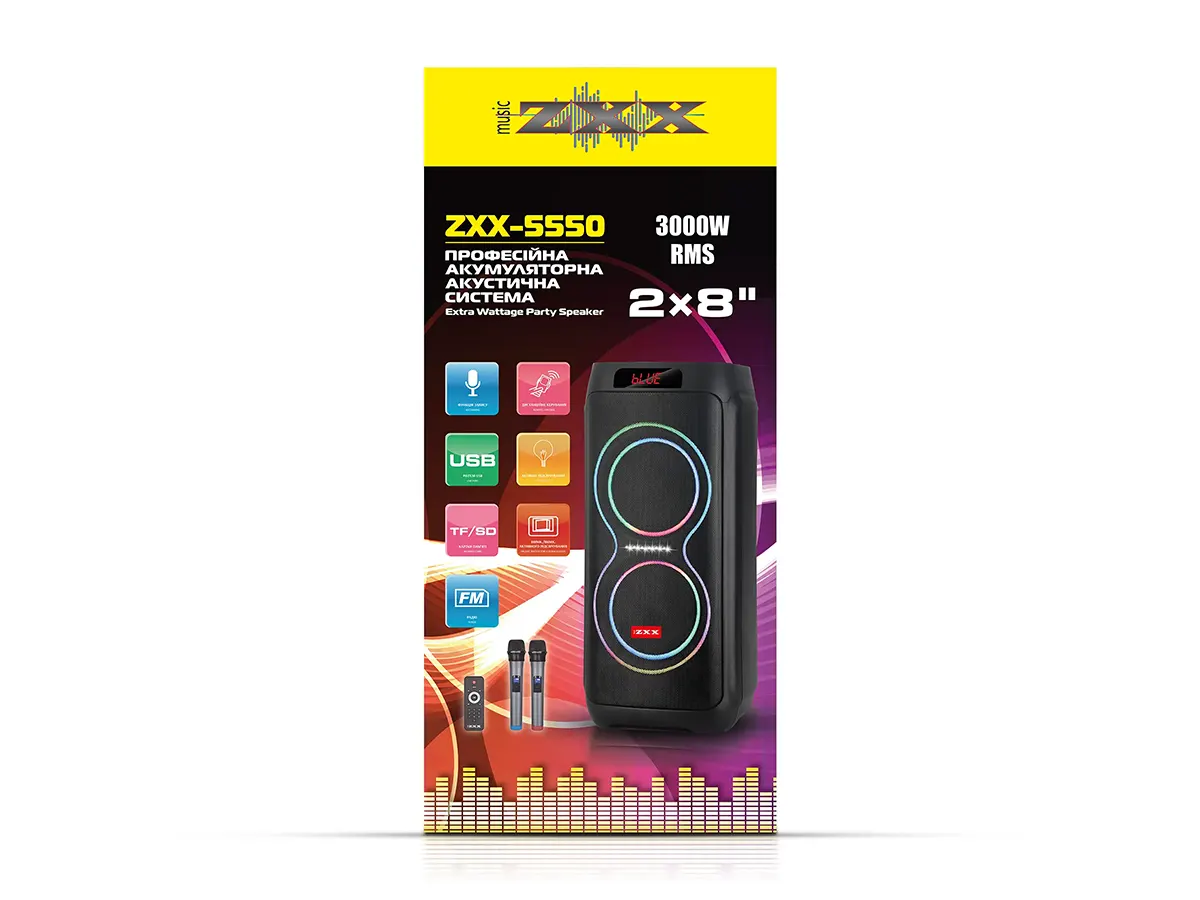 Акустична переносна колонка ZXX-5550 80Вт 2x8" TWS/FM/USB/TF/BT/REC/LED/2MIC/ДК