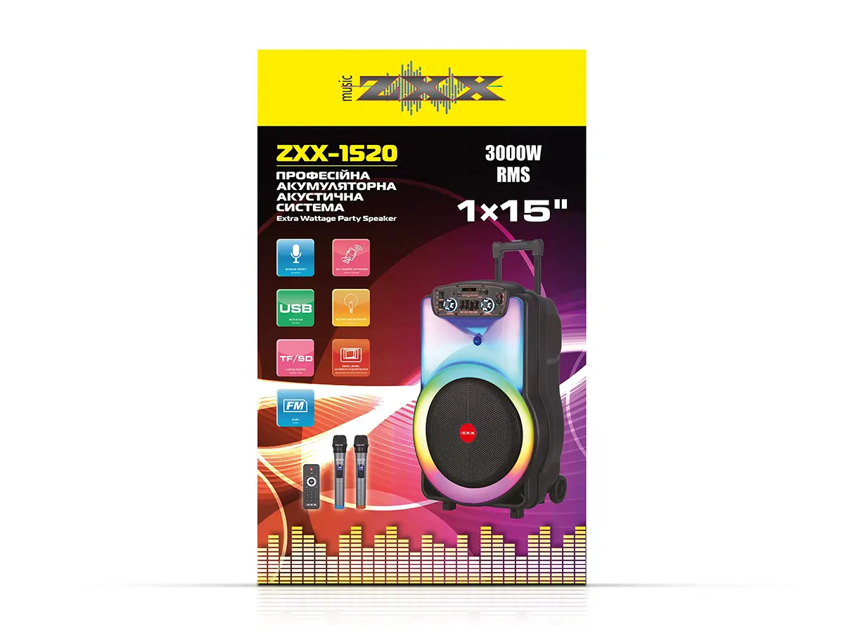 Акустична переносна колонка ZXX-1520 120Вт 1x15" TWS/FM/USB/TF/BT/REC/LED/2MIC/ДК