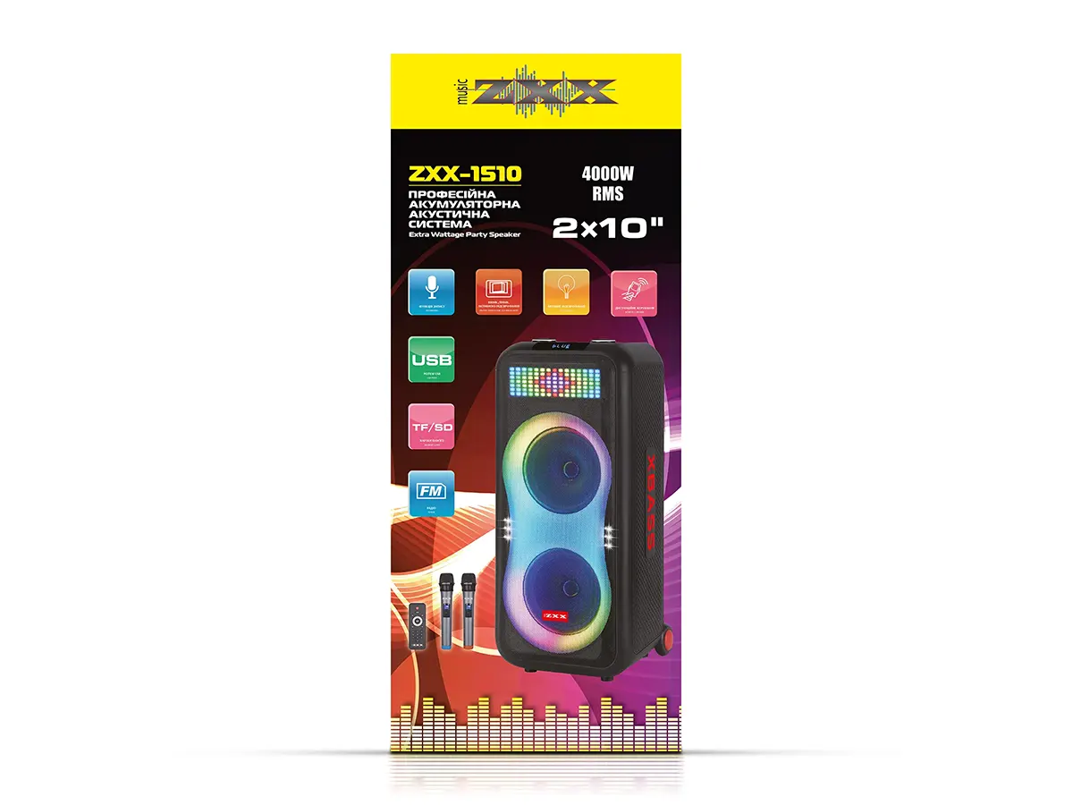 Акустична переносна колонка ZXX-1510 100Вт 2x10" TWS/FM/USB/TF/BT/REC/LED/2MIC/ДК