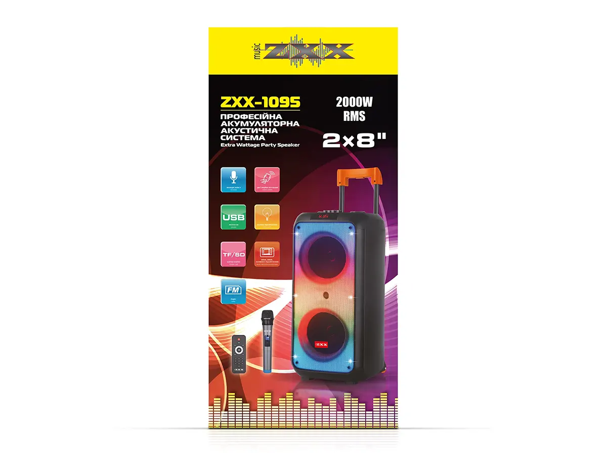 Акустична переносна колонка ZXX-1095 80Вт 2x8" TWS/FM/USB/TF/BT/REC/LED/MIC/ДК